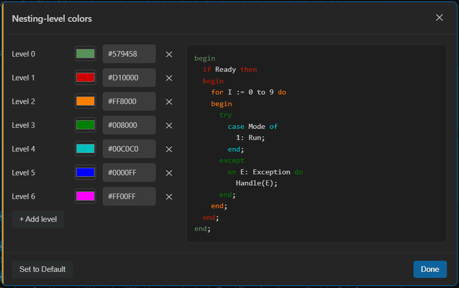 Vallenta Studio Nesting-level colors dialog: levels 0 through 6 each with a color swatch and hex value plus an Add level button, beside a live Object Pascal preview of nested blocks colored by depth.