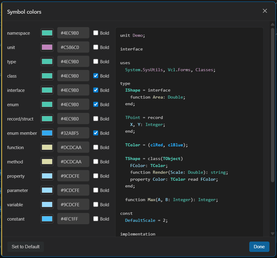 Vallenta Studio Symbol colors dialog: a list of symbol kinds (namespace, unit, type, class, interface, enum, record, enum member, function, method, property, parameter, variable, constant), each with a color swatch, hex value and a Bold toggle, beside a live Object Pascal code preview.