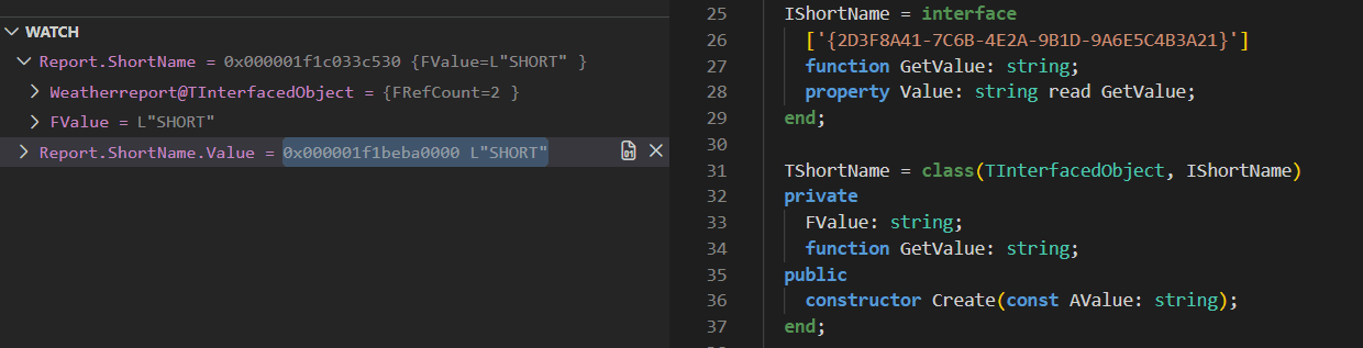 Vallenta Studio Watch panel resolving the expression Report.ShortName.Value to a string, with the intermediate interface reference expanded to show the concrete object and its fields.
