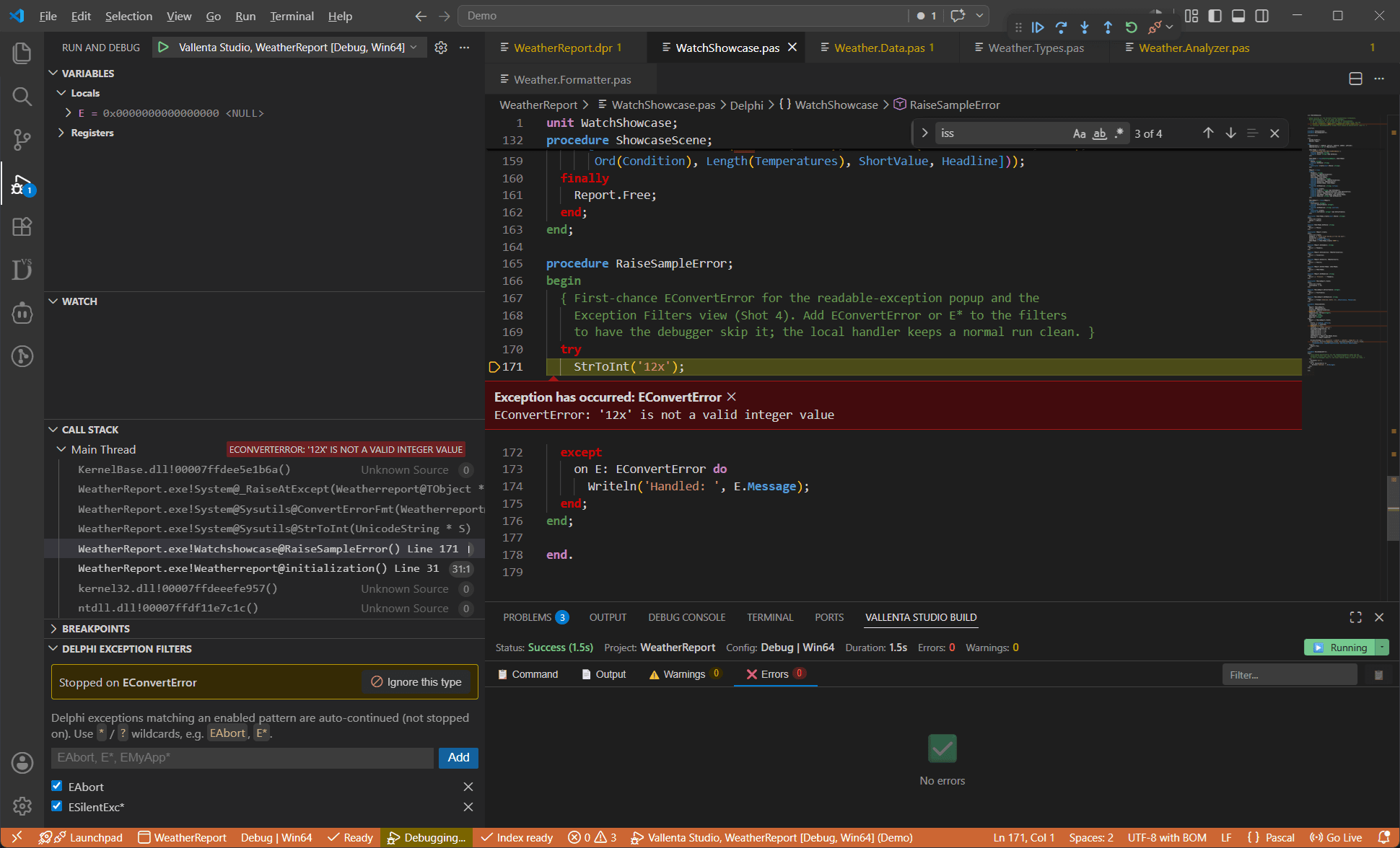 Vallenta Studio Run and Debug sidebar showing the Exception Filters view with a list of exception types to skip, next to a stopped exception displaying its class and message with an Ignore this type action.