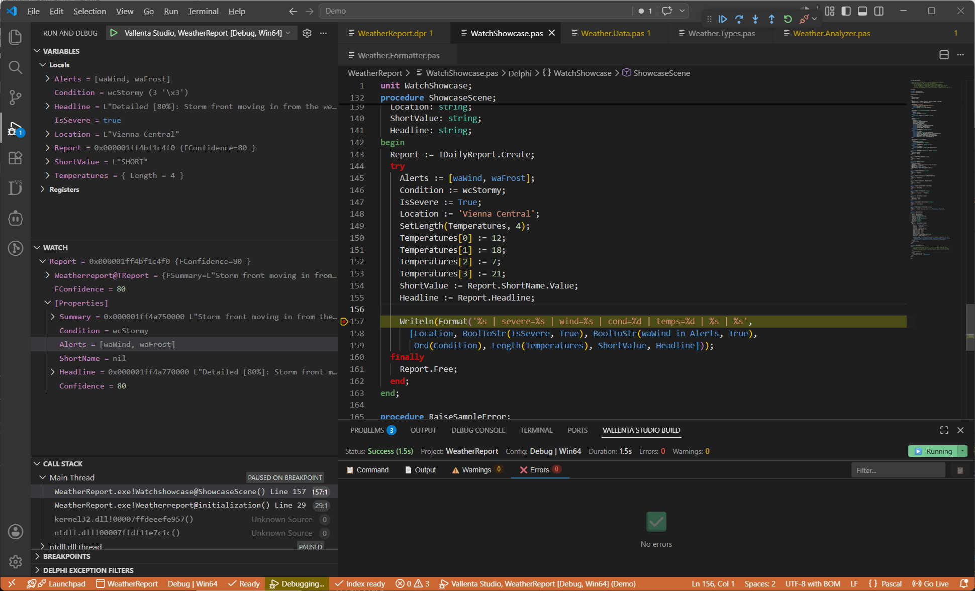 Vallenta Studio Variables panel: an object showing its backing fields and an expanded [Properties] node with getter-backed properties resolved to values - a string, an enum, a set and an object reference.
