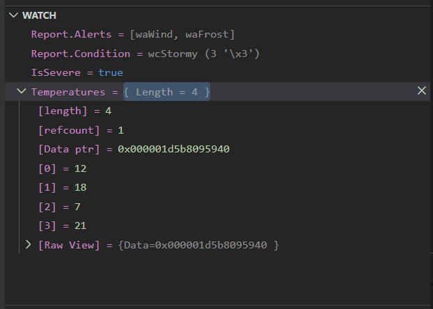 Vallenta Studio Variables panel rendering a set as [fsBold, fsItalic], an enum value, a Boolean True, and a dynamic array showing its length and elements.