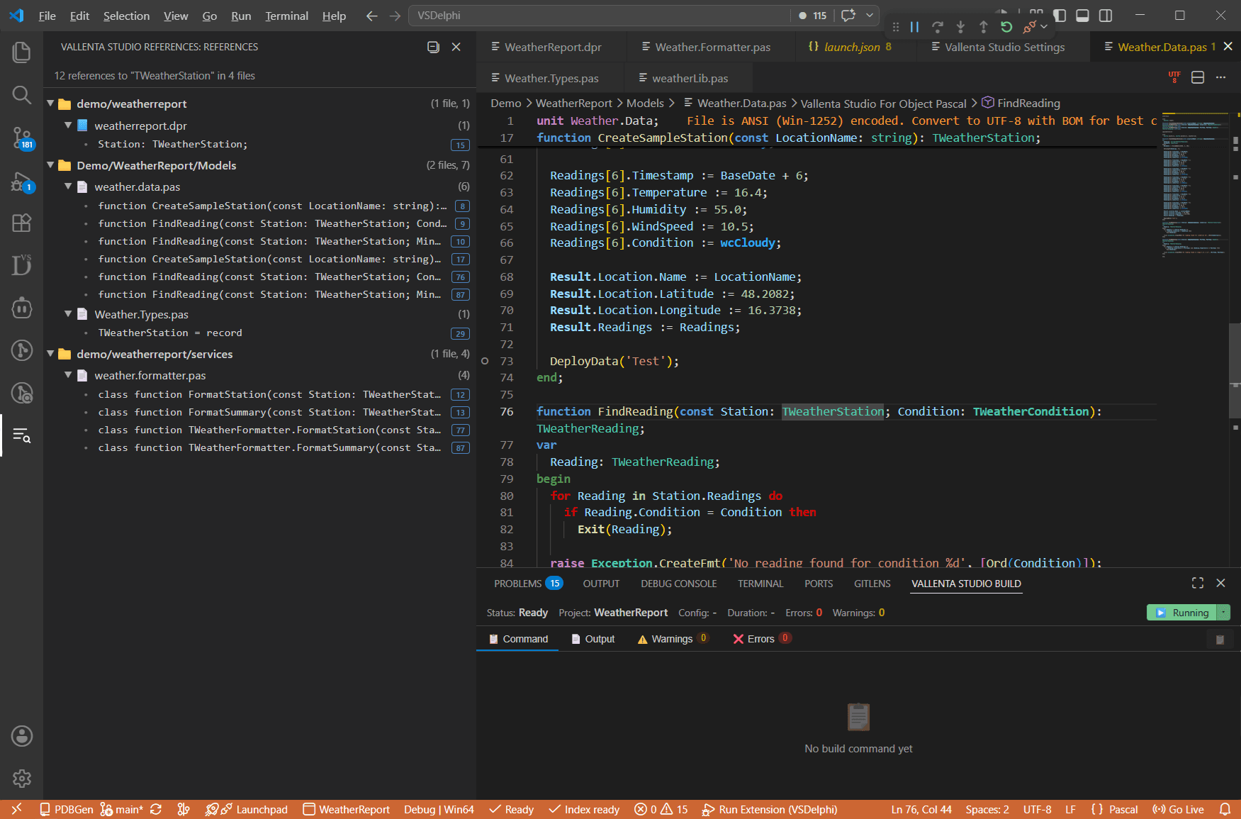 Vallenta Studio Find All References results in VS Code: matches grouped by directory and source file, each with a code-line preview and a right-aligned line-number pill, and file and match counts on each group.