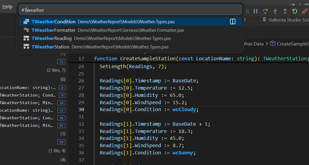 Vallenta Studio Find Symbol picker in VS Code: a workspace symbol quick-pick listing classes, records, interfaces, methods and properties from the indexed project, filtered as you type.