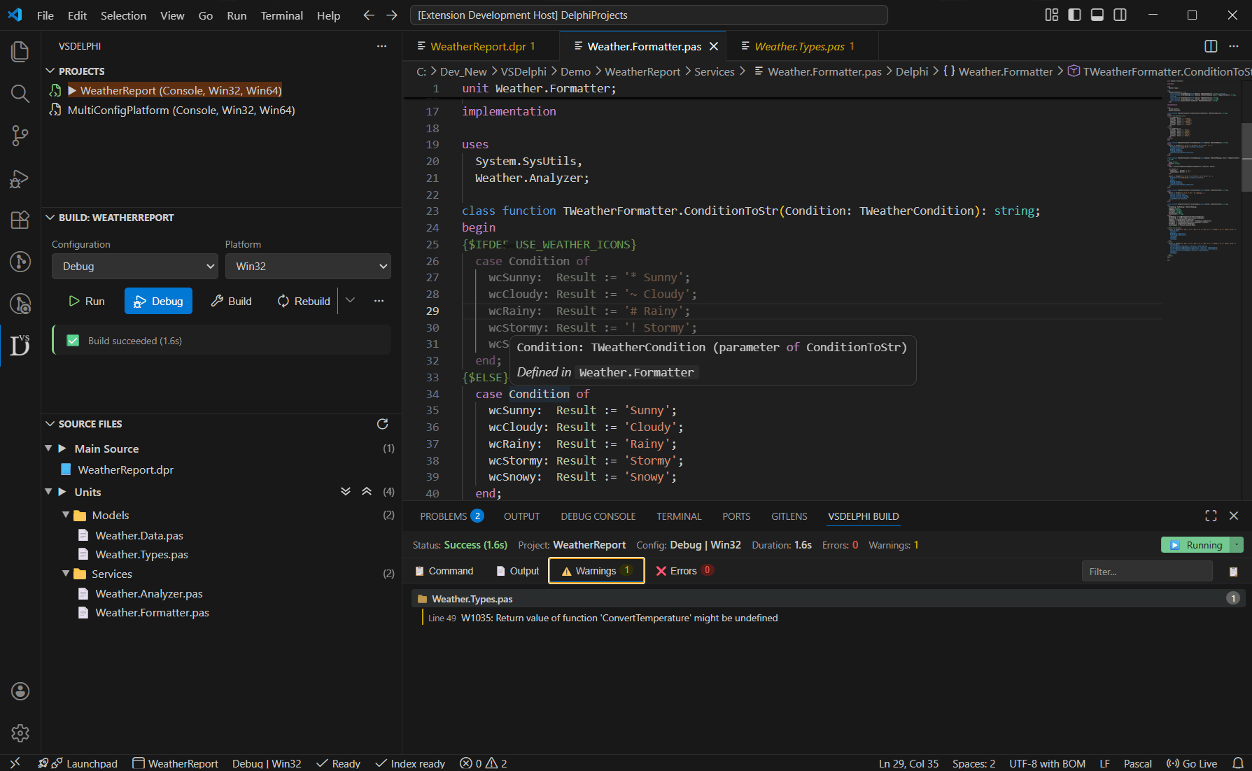 VS Code with VSDelphi: Project Explorer sidebar, code editor with Delphi syntax highlighting and code completion, build output showing successful build